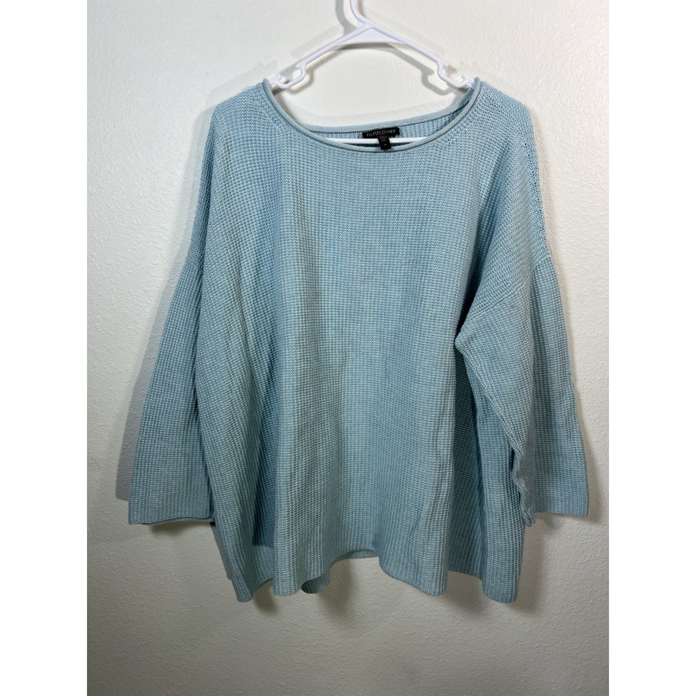 Eileen Fisher Organic Cotton Sweater 2X Blue Long Sleeve Oversized Roll Neck